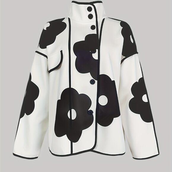 Chic Floral Print Jacket Stand Collar Long Sleeve, Button-Up with Front Pockets - Picture 3 of 6
